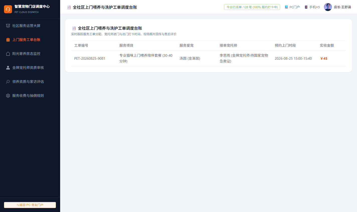 运营后台全社区上门喂养调度工单台账