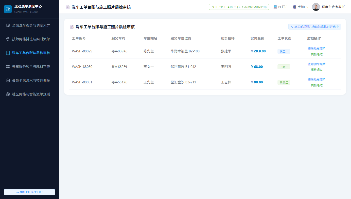 运营中控洗车工单台账与质检审核