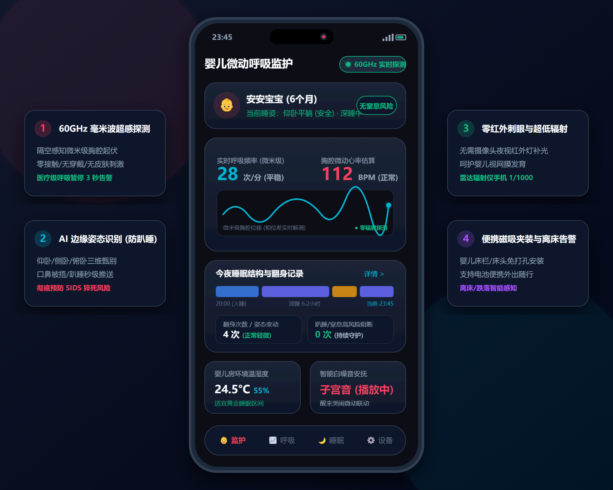 移动端 App 婴儿微动呼吸监护界面