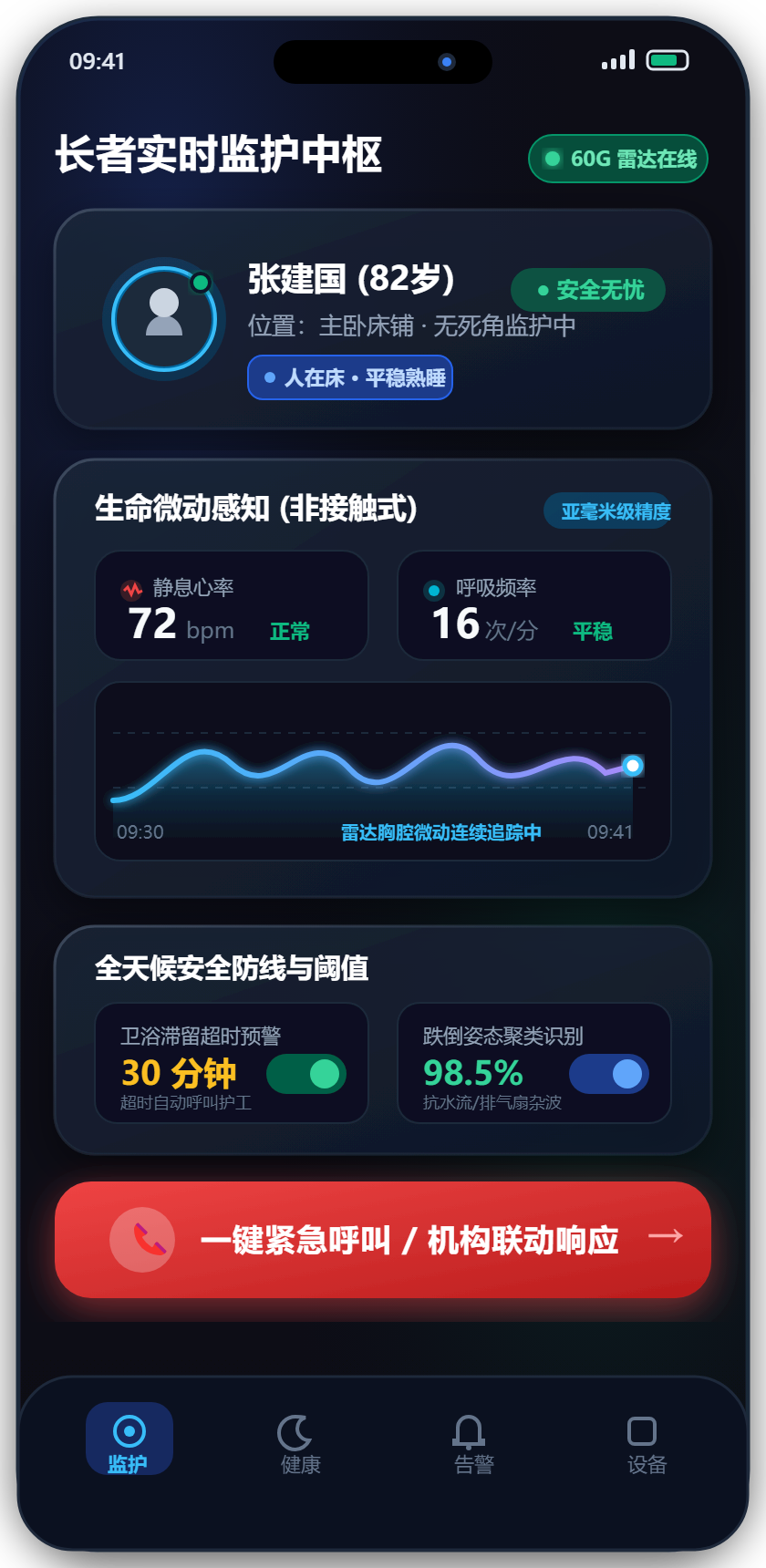 移动端 App 实时微动体征与跌倒应急界面