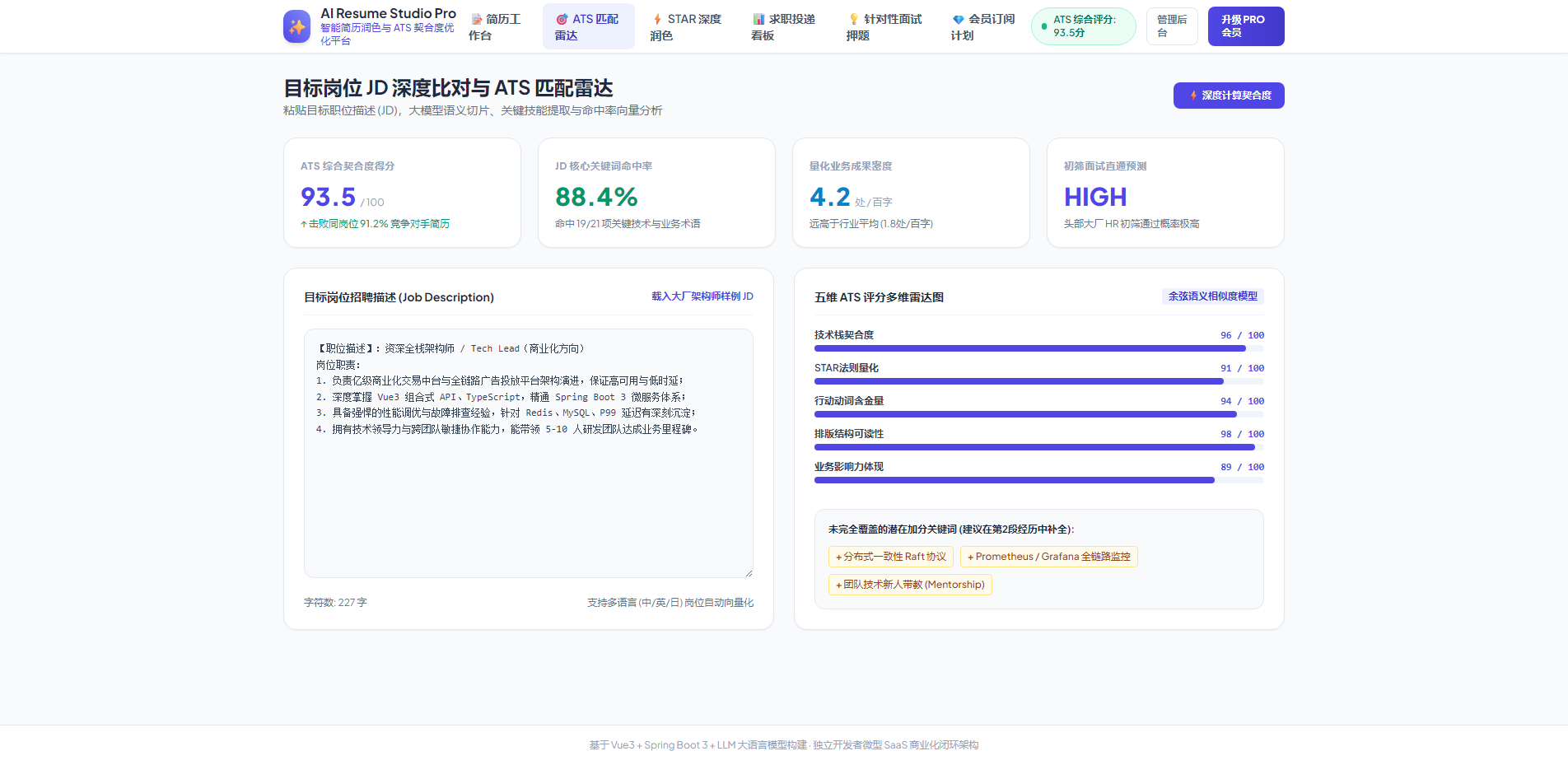 目标岗位 JD 深度比对与 ATS 匹配雷达