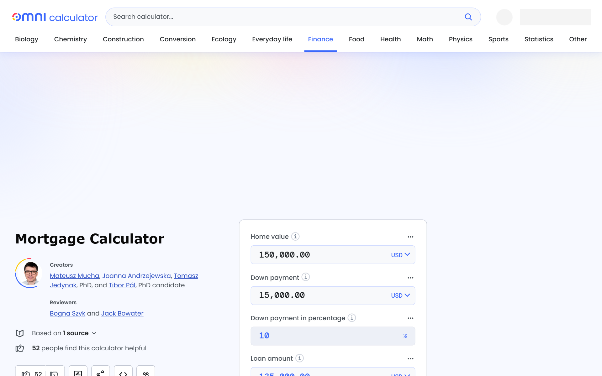 Omni Calculator 核心分类大厅与金融计算器展示
