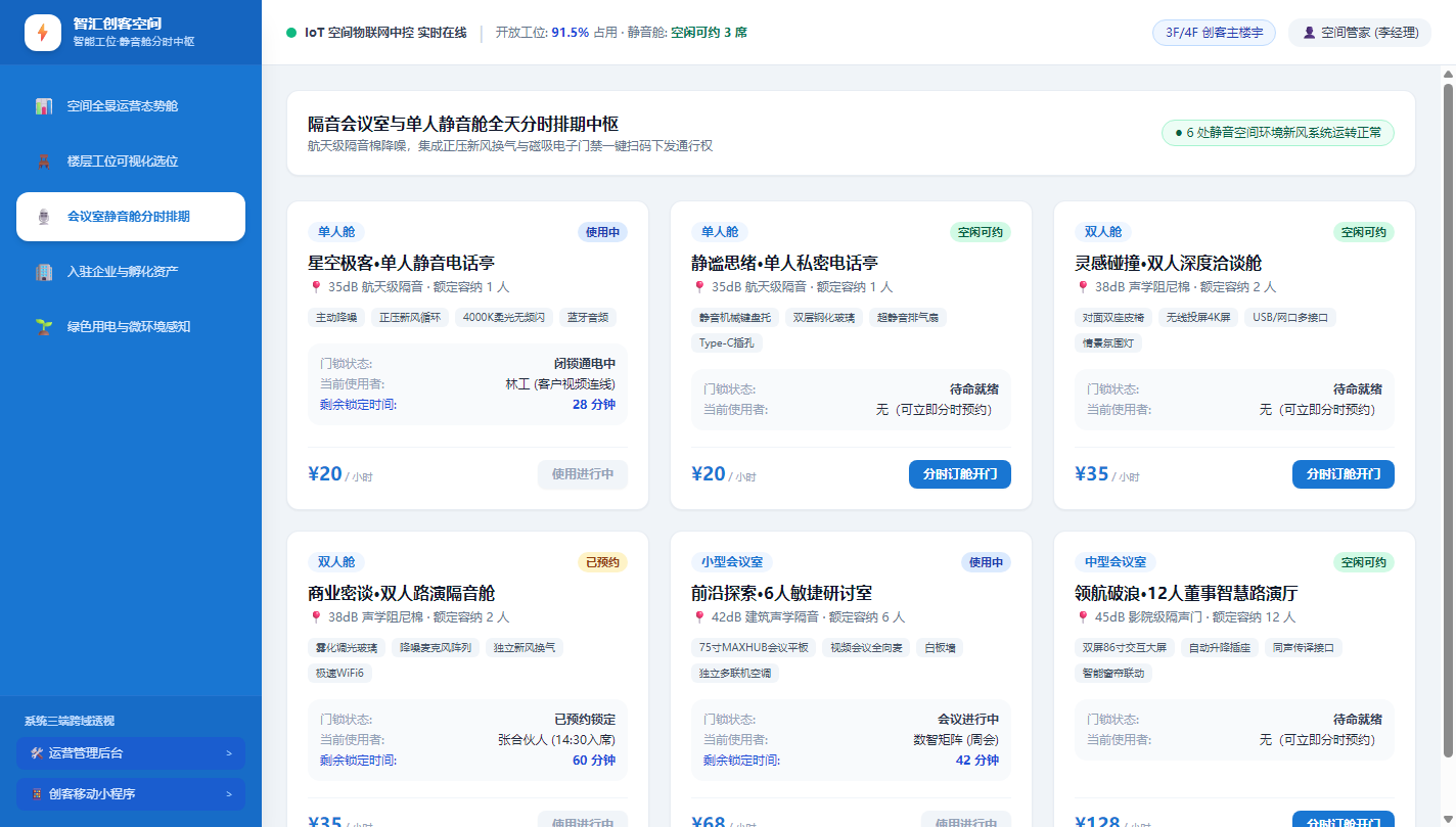 PC端 - 隔音会议室与单人静音舱全天分时排期中枢