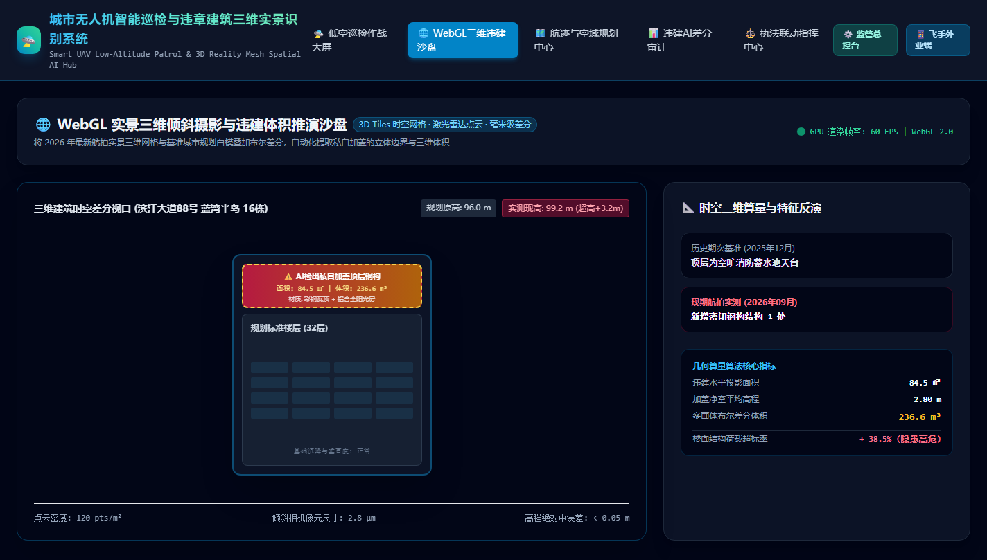 WebGL三维实景倾斜摄影与违建体积推演沙盘