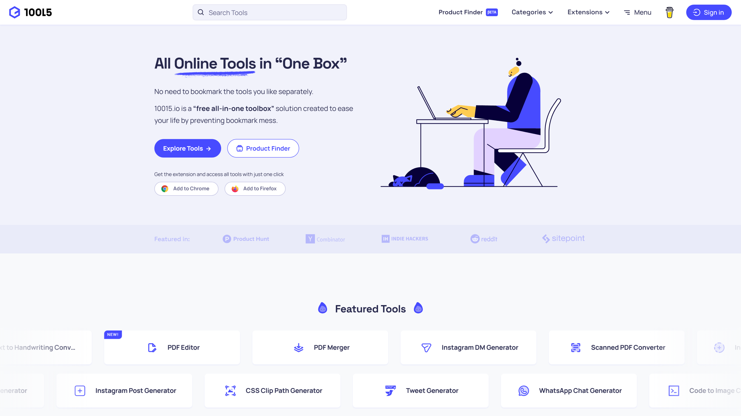 10015.io 官网首页与 All Online Tools in One Box 全能布局