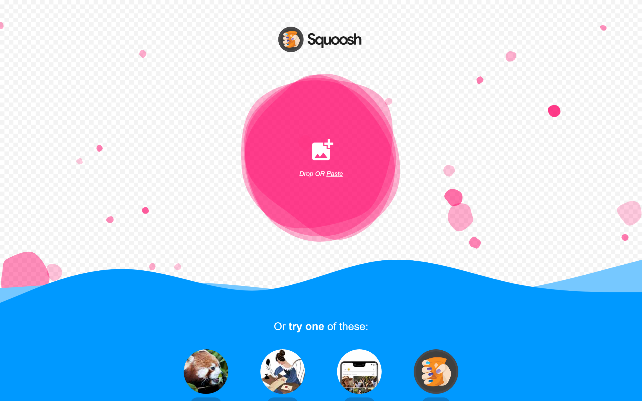 Squoosh 官网首页与极简优雅的拖拽压缩工作台