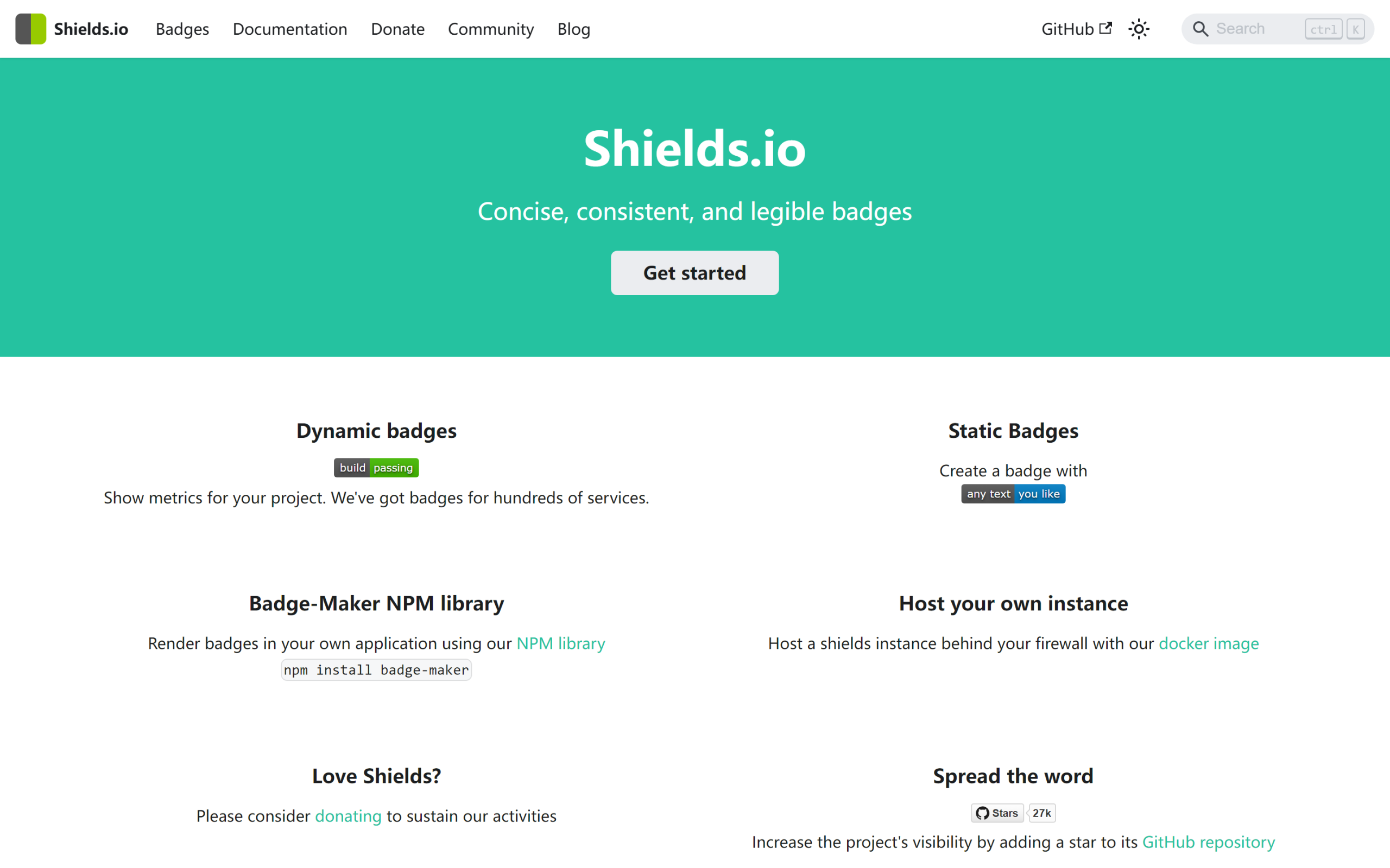 Shields.io 官网首页与 Quality metadata badges for open source 全能工作台