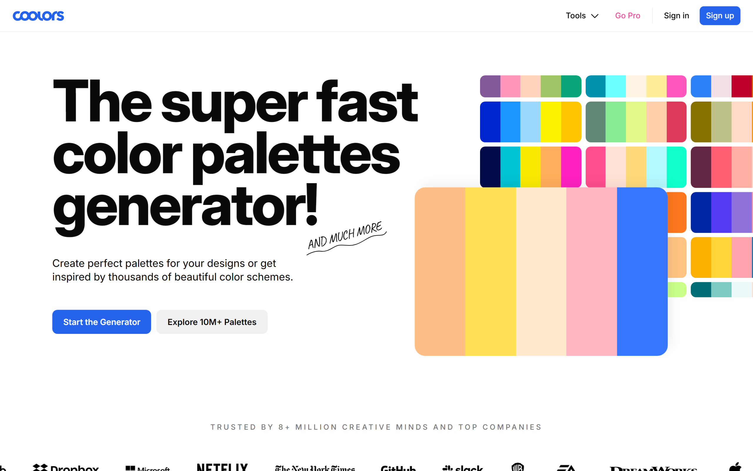 Coolors 官网首页与 The super fast color palettes generator 极速调色工作台