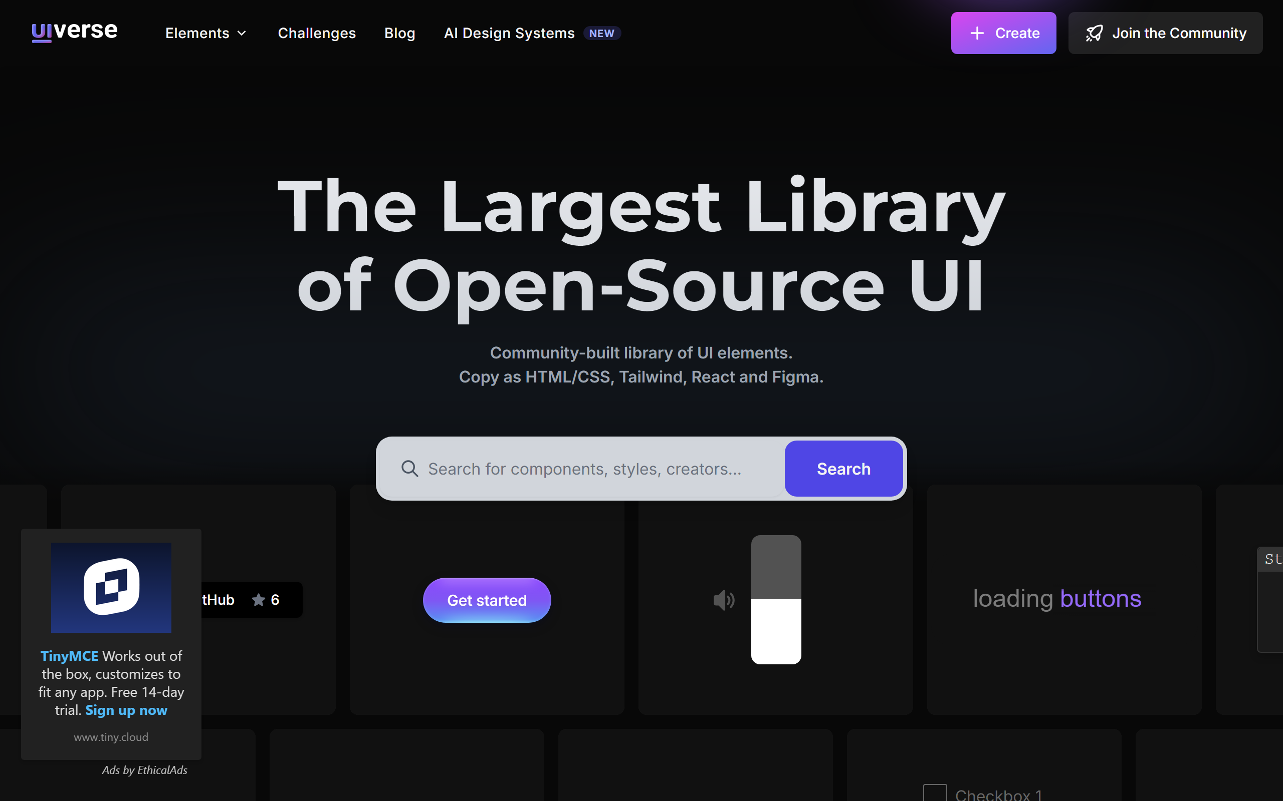 Uiverse 官网首页与海量极客纯 CSS 开源组件工作台