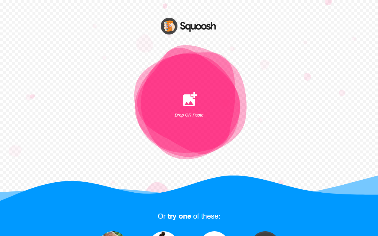 Squoosh 极简现代粉蓝首页与拖拽上传入口