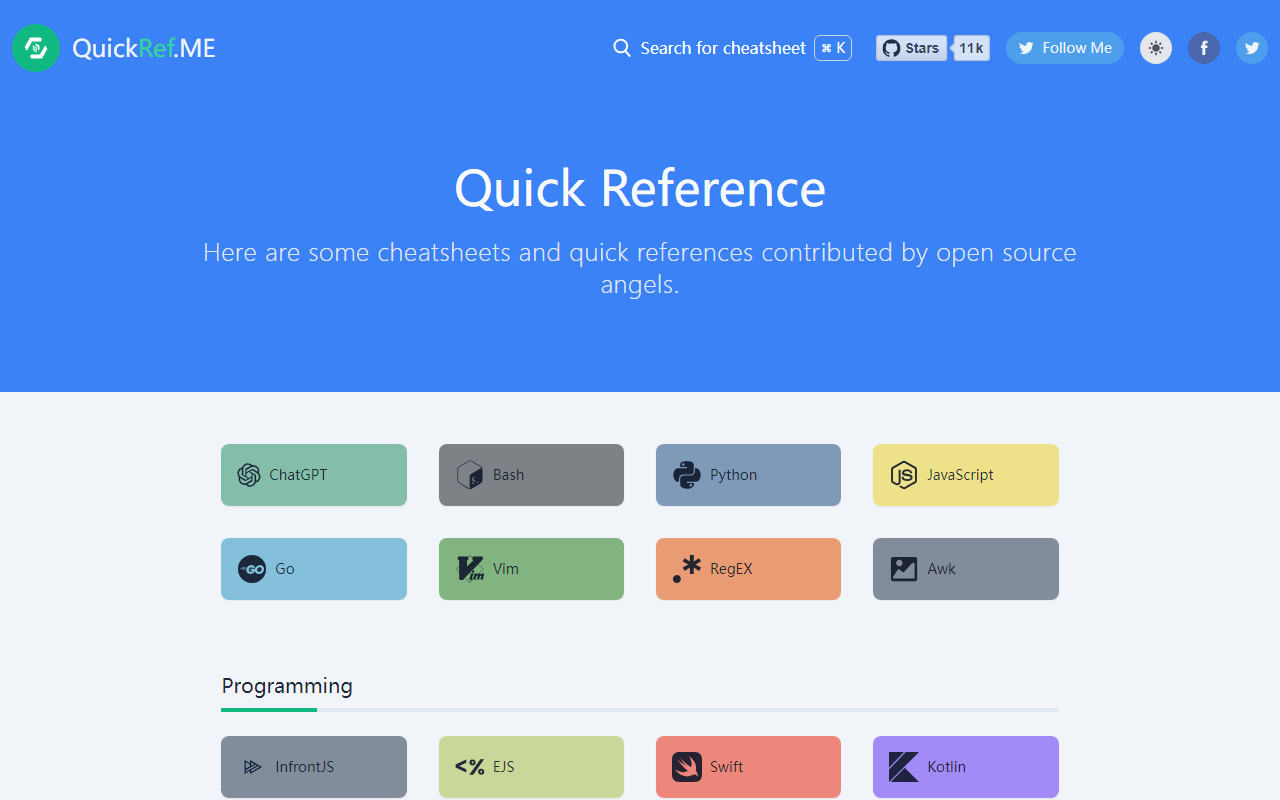 QuickRef 官方首页全技术栈分类导航矩阵