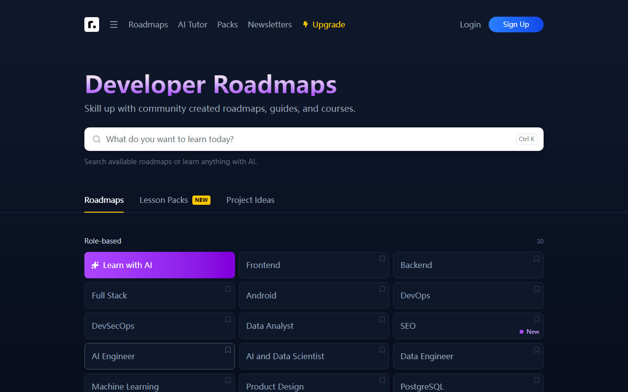 Roadmap.sh 官方首页全岗位与角色路线图矩阵