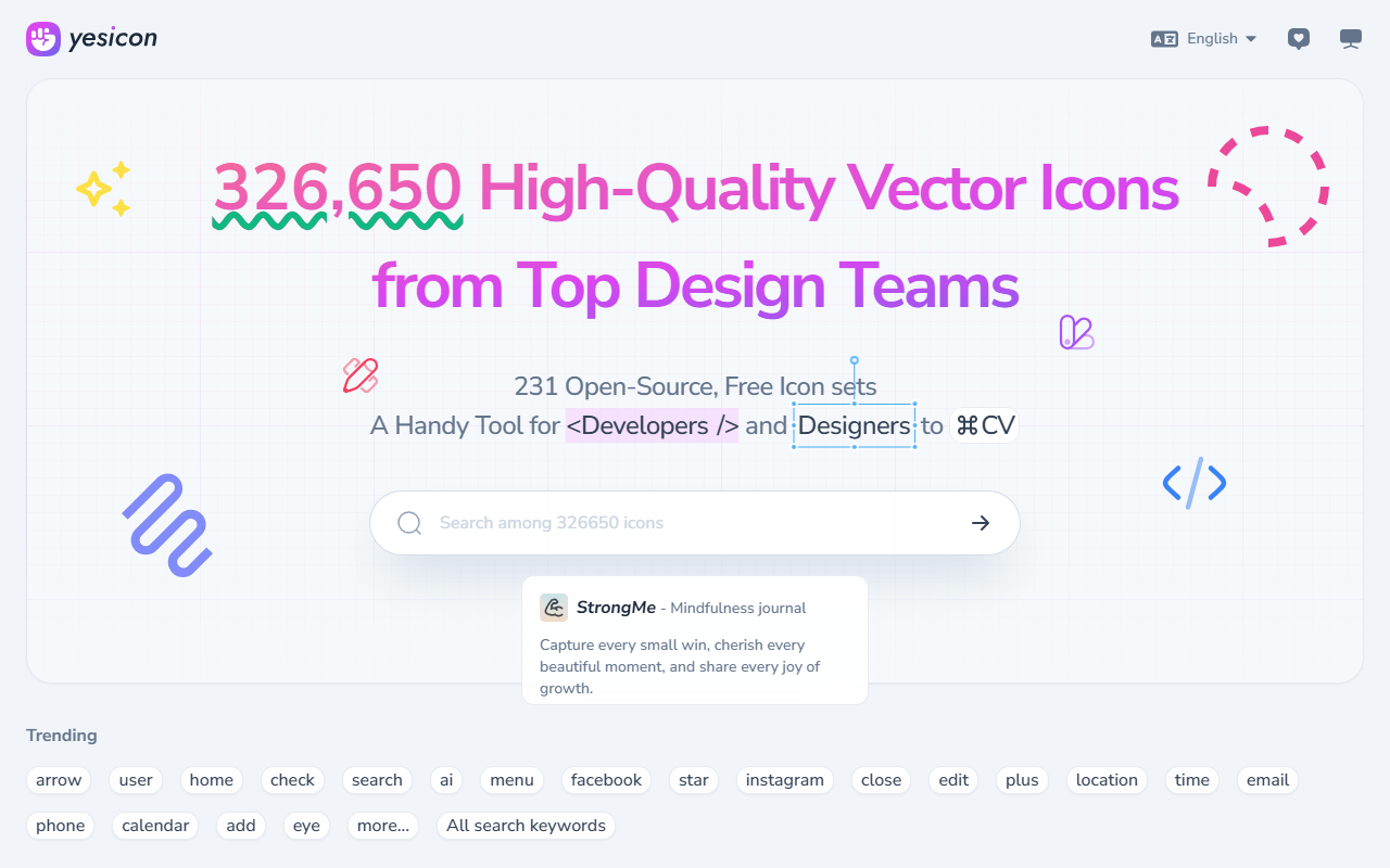 YesIcon 极简现代首页与32万+矢量图标检索入口