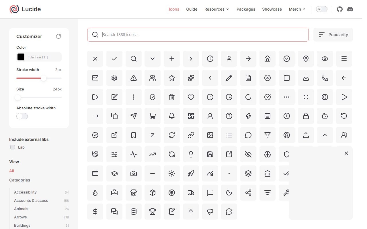 Lucide Icons 核心工作台：左侧即时调节描边粗细与尺寸，右侧1800+图标即点即拷