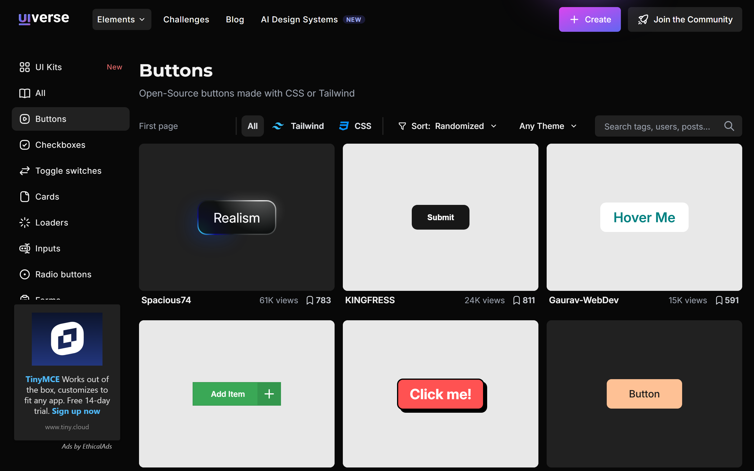 Uiverse 丰富的 Buttons 按钮组件专区与实时交互演示