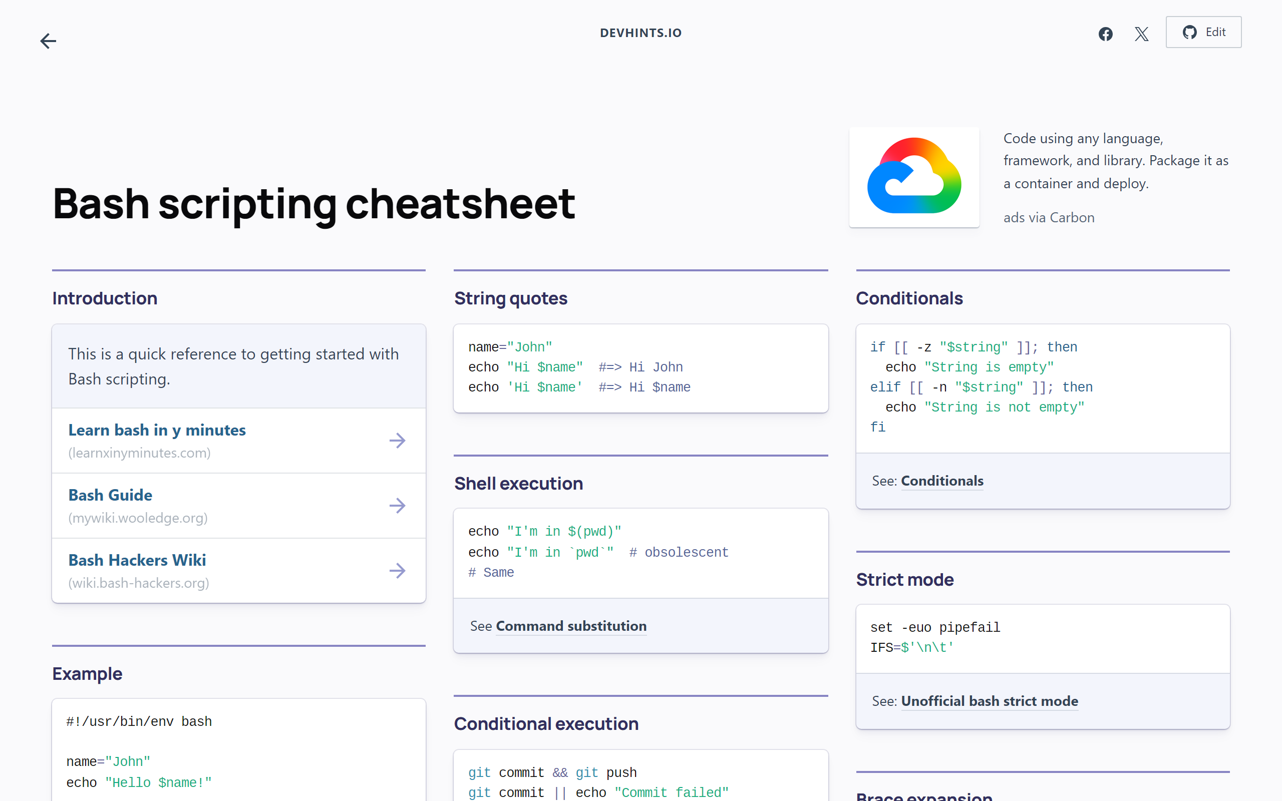 Devhints 详尽的 Bash 脚本编程核心语法与命令备忘速查面板