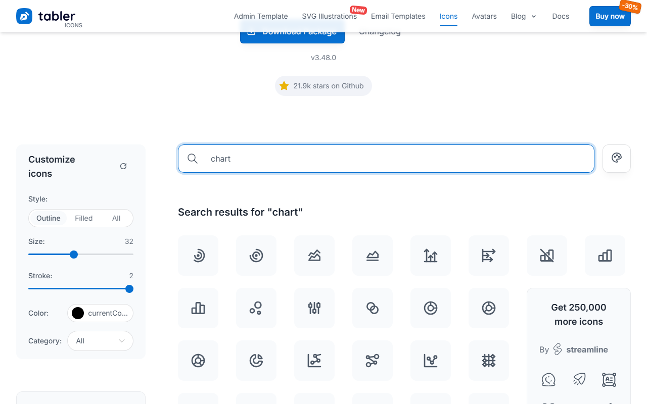 Tabler Icons 毫秒级关键词检索与丰富图表数据图标矩阵