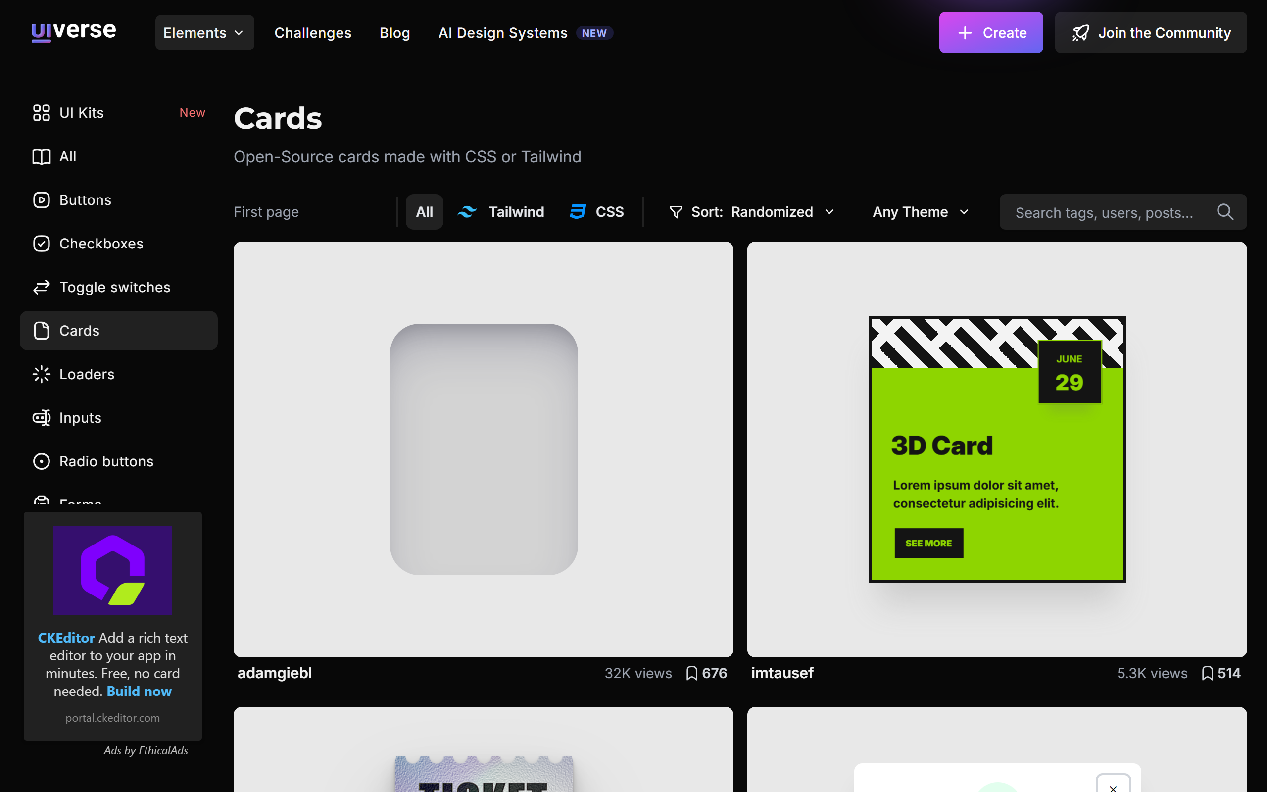 Uiverse 极客 3D Cards 卡片组件与代码快速导出面板