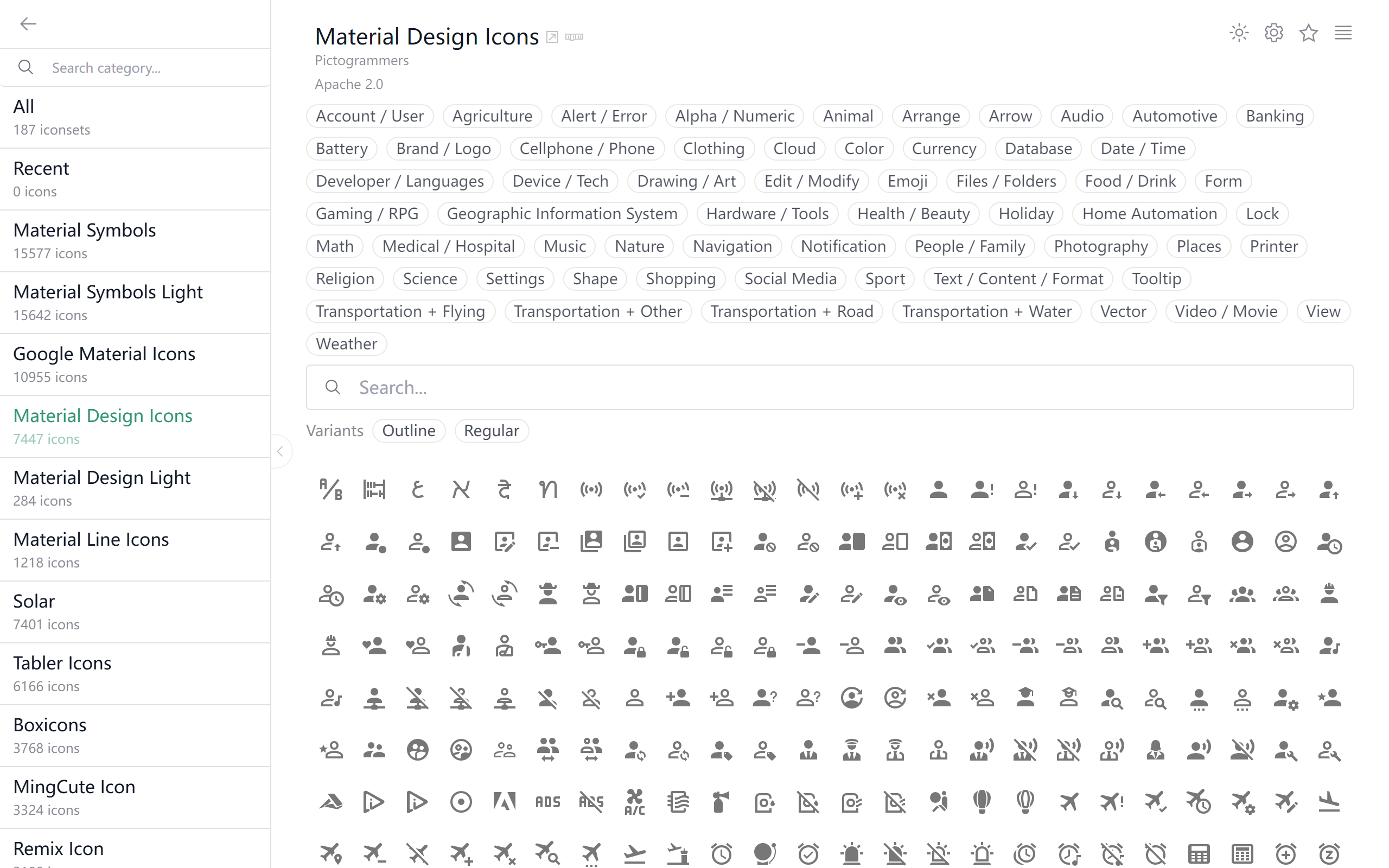 Icônes 针对 Material Design Icons (MDI) 庞大图标库的平铺浏览