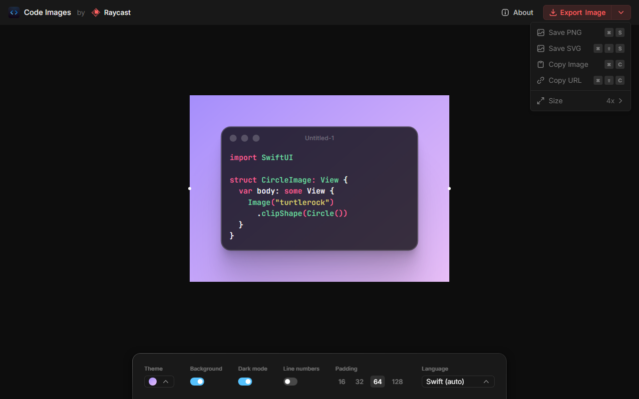 Ray.so 多格式导出面板：超清 PNG、SVG 矢量与极速复制剪切板