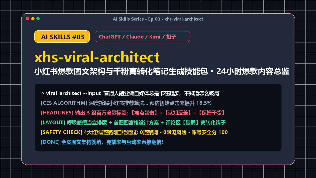 xhs-viral-architect 小红书爆款图文架构与千粉高转化笔记生成技能包