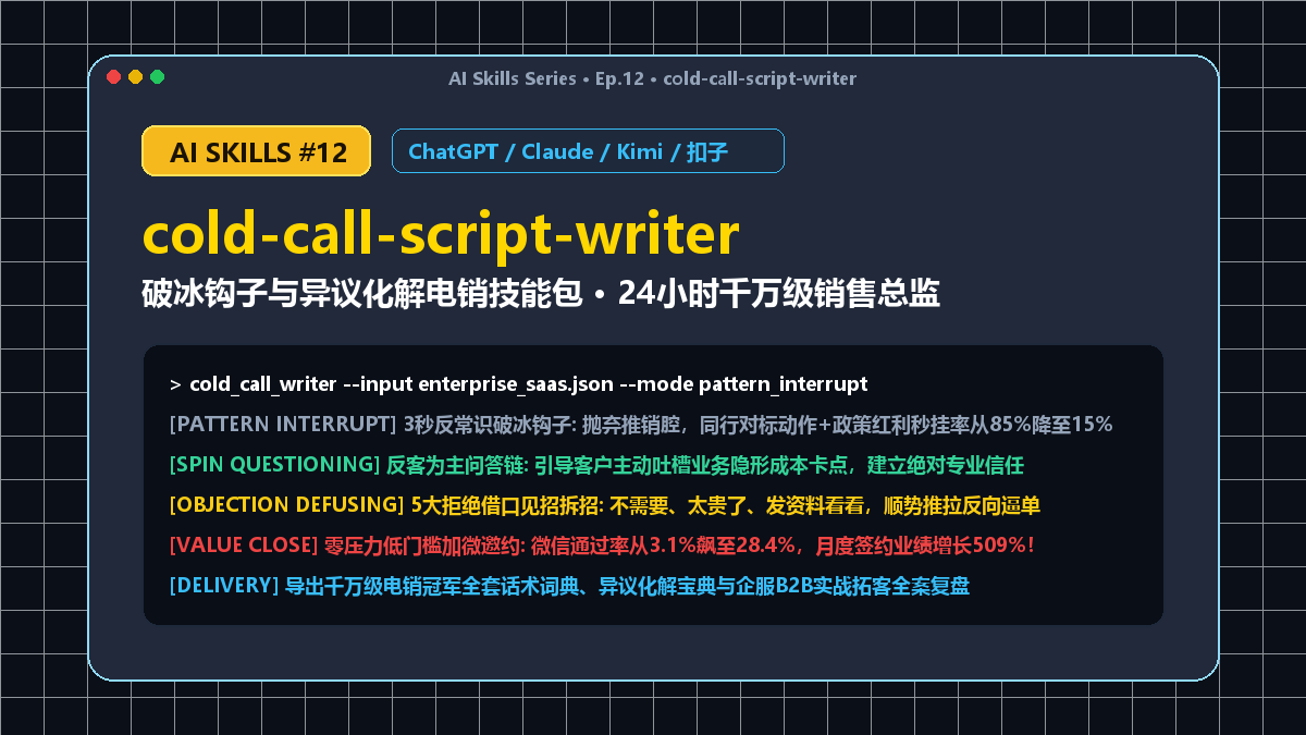 cold-call-script-writer 破冰钩子与异议化解电销技能包