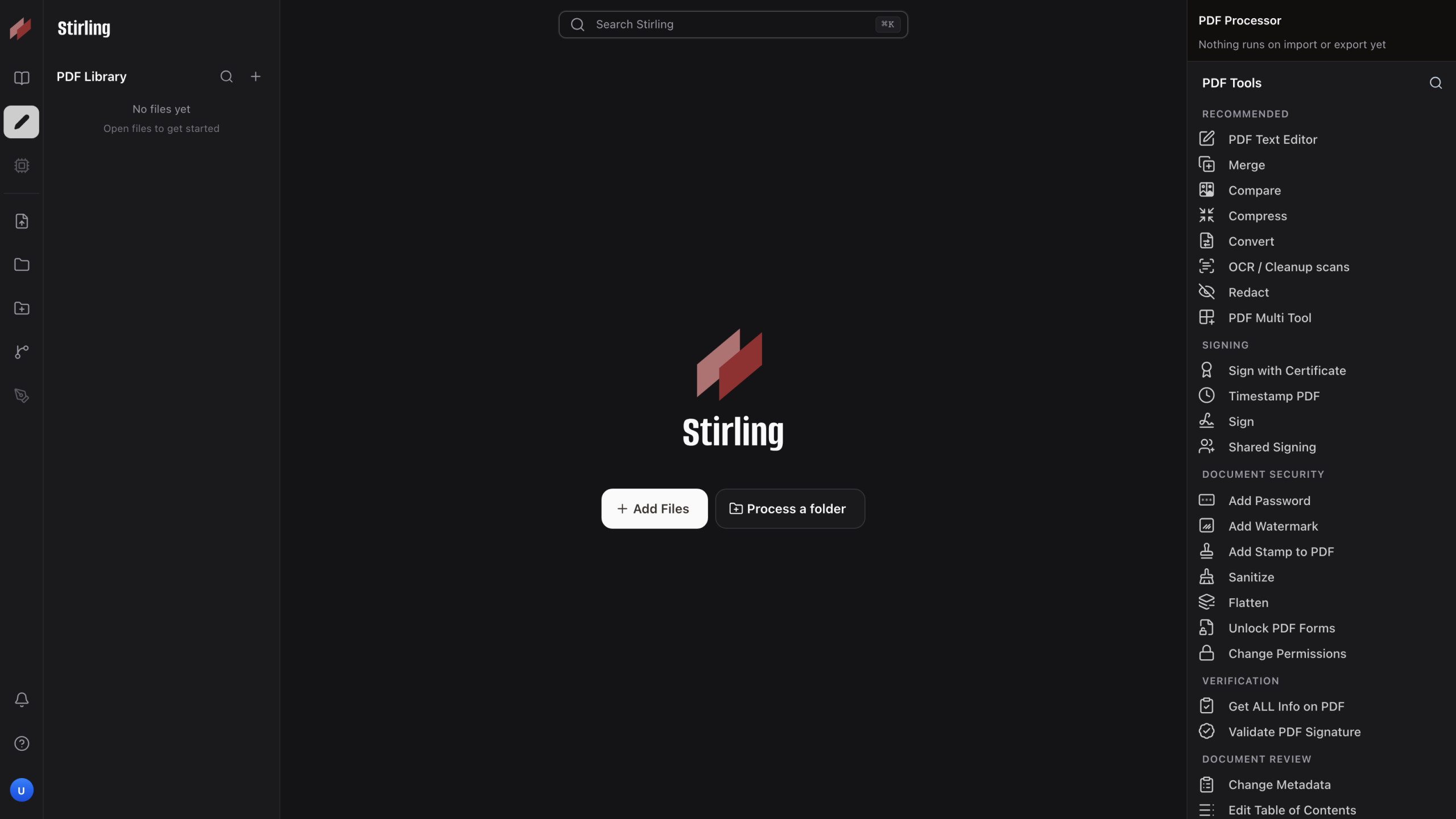 Stirling-PDF 交互主界面与全功能仪表盘